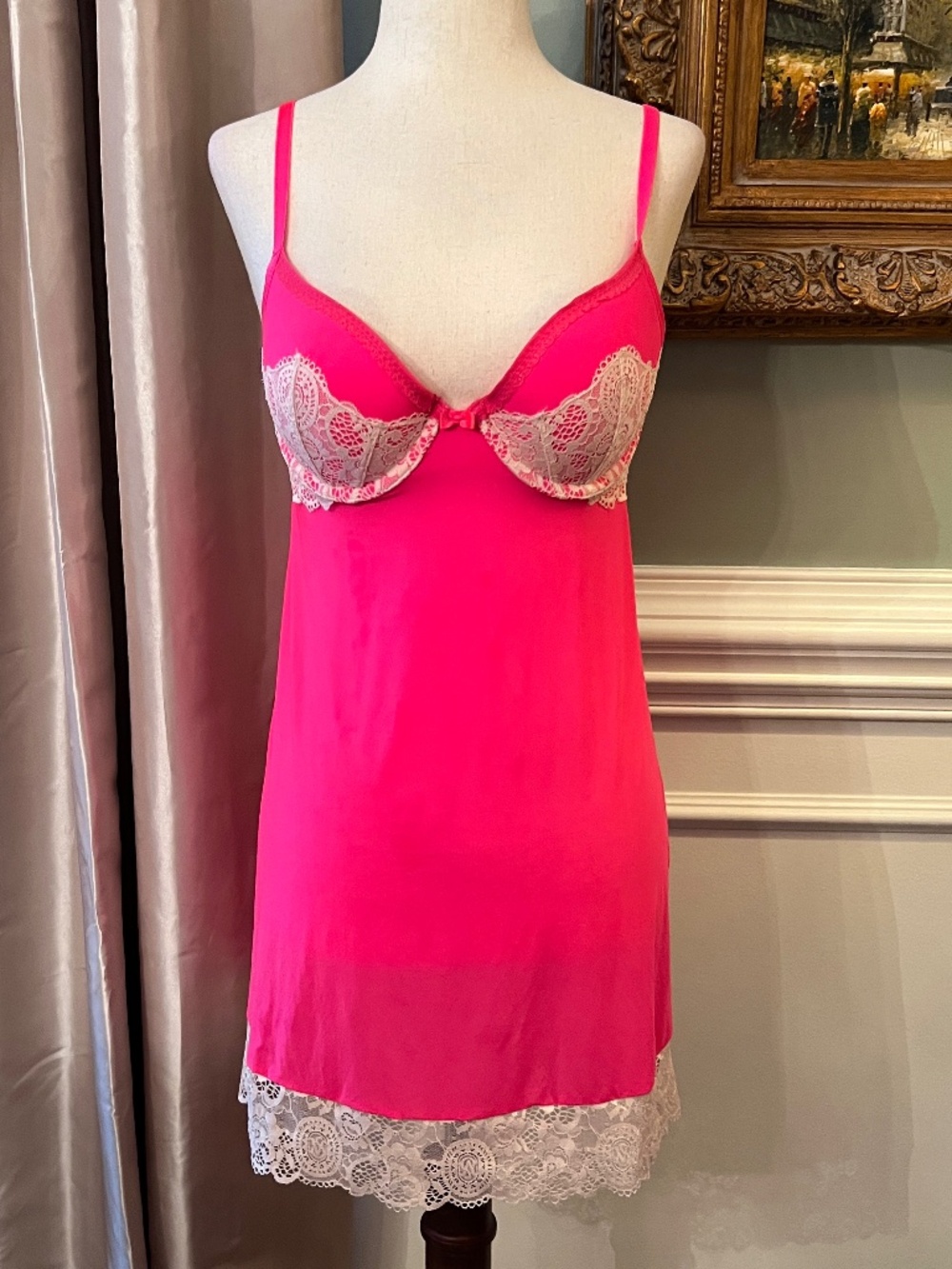EUC Victoria's Secret Slip Style Chemise with Padded Bra Bright Pink Size 34C